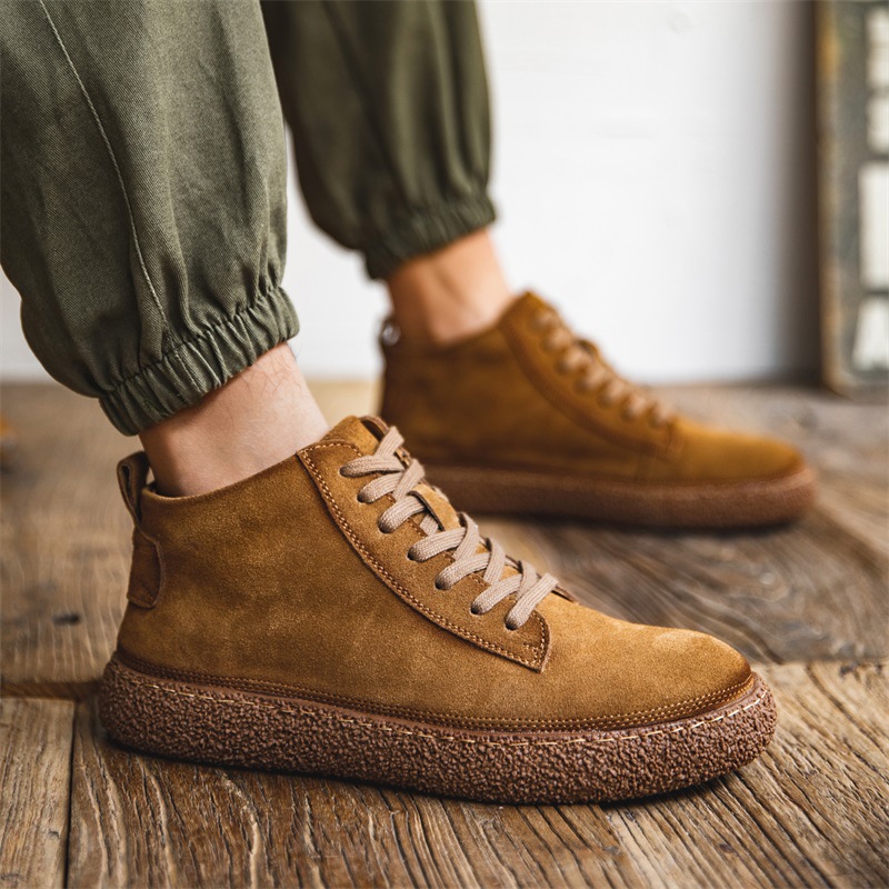 Winter High-top Board Shoes Men's Genuine Leather Platform Frosted Casual Shoes British Vintage Workwear Shoes Warm Fleece-lined Men's Shoes