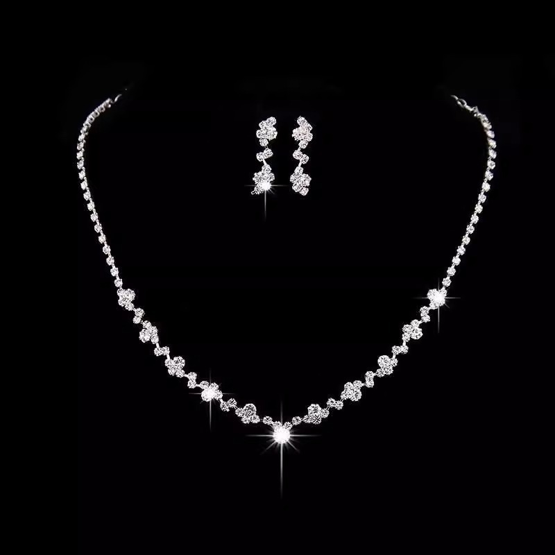 Korean-style bridal jewelry rhinestone necklace women's earrings two-piece set simple suit wedding yarn dress all-match accessories
