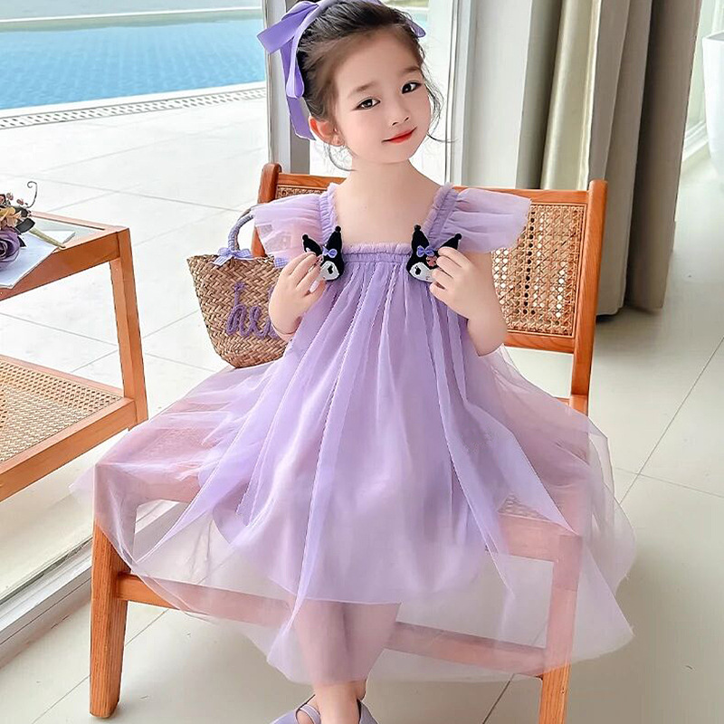 2025 New Small Flying Sleeve Girl's Mesh Skirt dress Western Style Summer Wear Thin Strap Princess Mesh Skirt