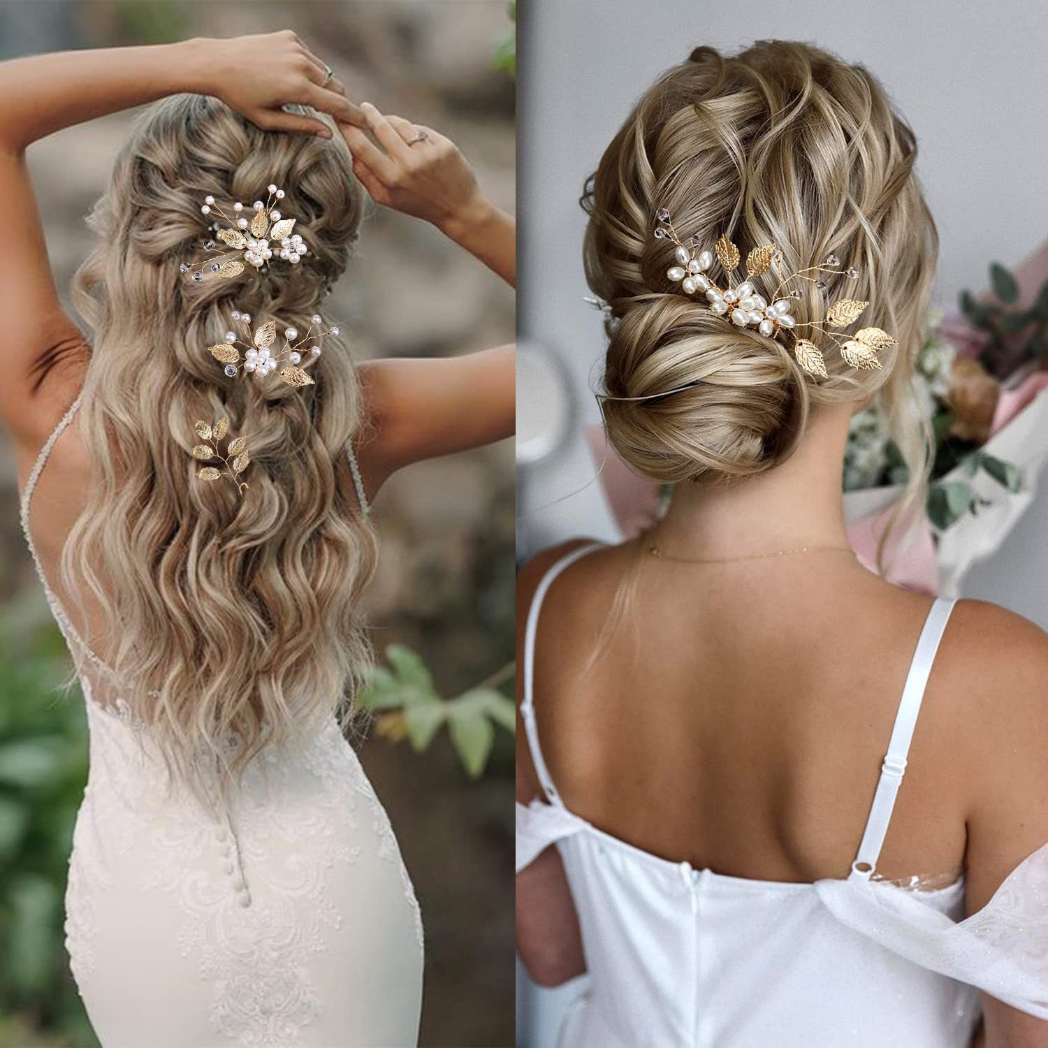 A group of 4 gold leaf pearl hairpin combination suit bride