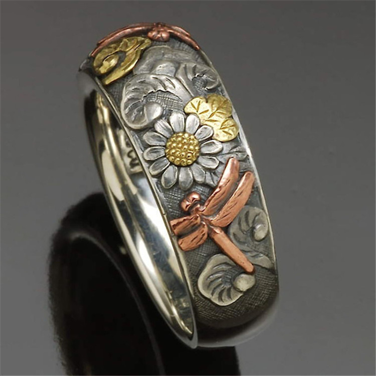 咖亿潮流亚马逊新品跨境热卖复古风雕纹戒指 花朵蜻蜓向日葵戒指