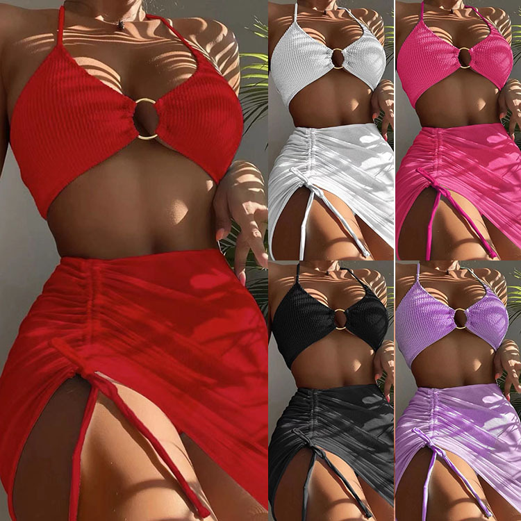 2022 Amazon summer hollow spot solid color size foreign trade split three-piece swimsuit, bikini