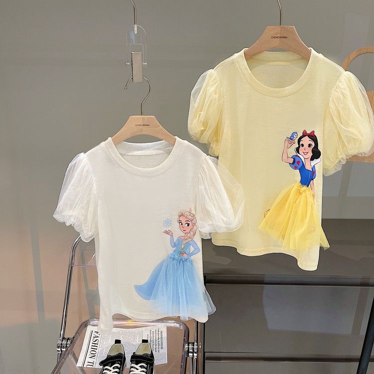 Girls' Summer New Style Mesh Puff Sleeve Princess T-shirt Children's Baby Stylize Cartoon Short Sleeve Top All-Match Trendy