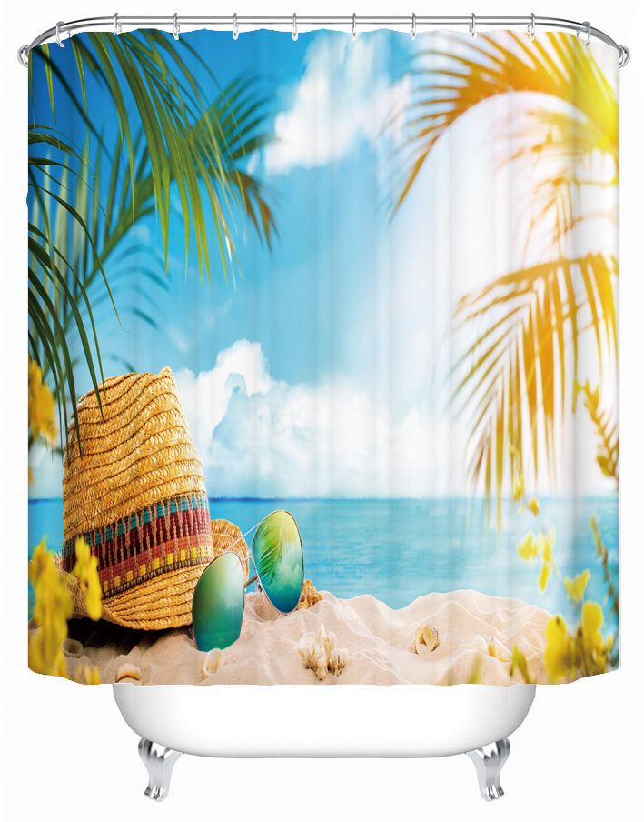 Factory pictures direct supply Amazon Coconut Beach series digital printing bathroom shower curtain 12 plastic hook accessories
