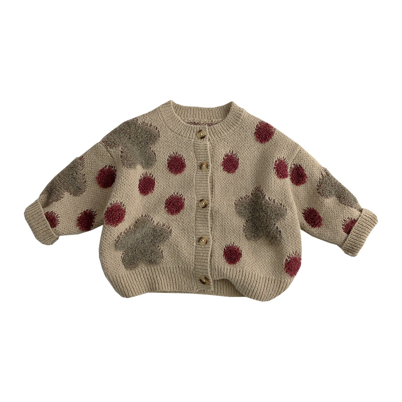 ins versatile ~ Korean style spring and autumn children's sweater Western style men's and women's baby polka dot strawberry Jacquard knitted cardigan coat Mori