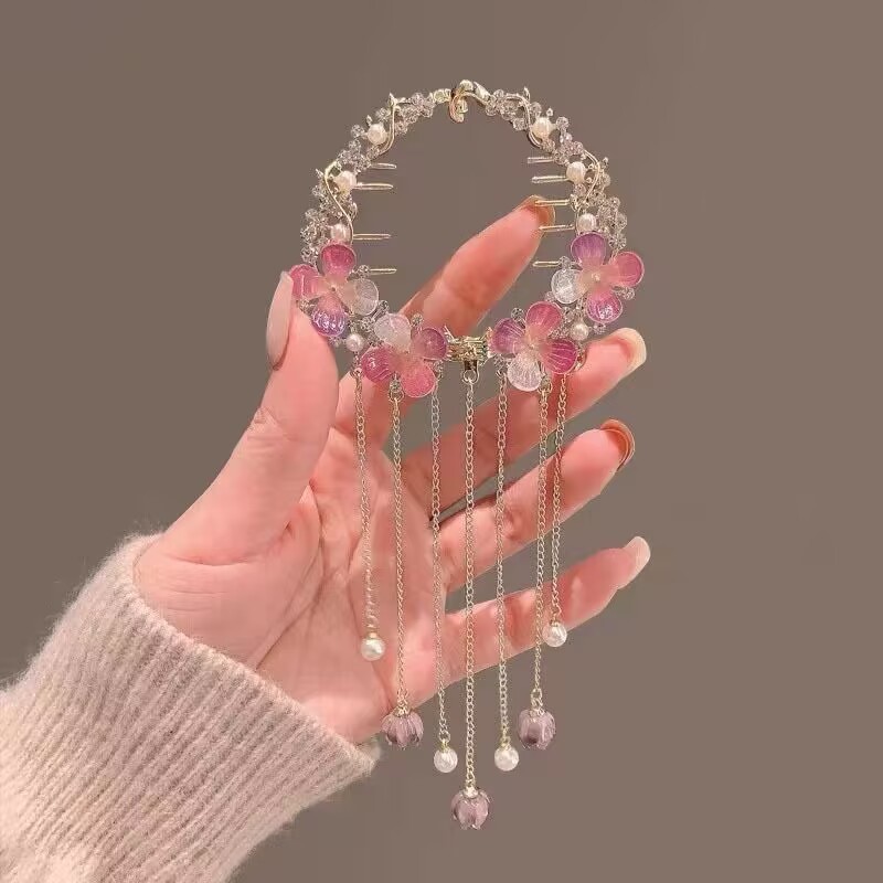 早春の新型の軽い豪華な紫晶の花のフリンジヘアクリップの後頭部の団子の頭は馬の尾を巻いて髪飾りの卸売りを掛けます。|undefined