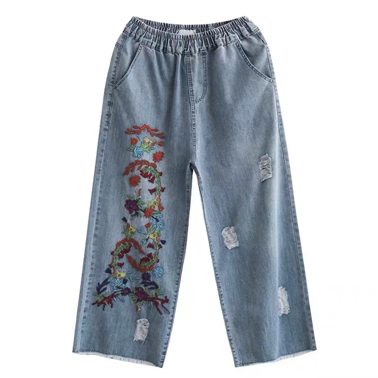 Summer New Artistic Embroidered Burr Edge Jeans Women's Straight Pants Loose Large Size Slimming Ankle-length Pants 8315
