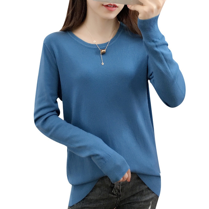 Spring and Autumn Solid Color New Casual Korean Round Neck Loose plus size Sweater Women's Knitted Base Shirt Pullover Wholesale
