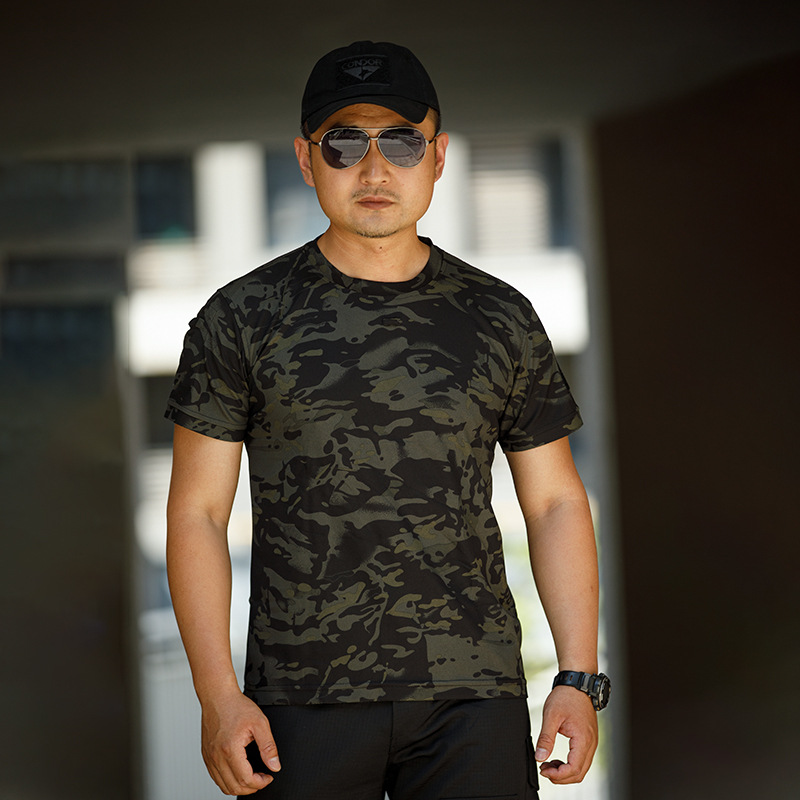 Outdoor T-shirt Men's Loose plus size Casual Short-sleeved Elastic Quick-drying Camouflage Training T-shirt Outdoor Short-sleeved Men's