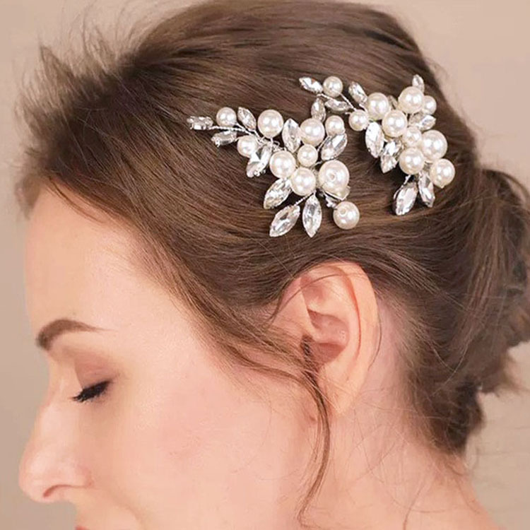 Denghou New Bridal Headwear Pearl Crystal Hairpin Korean Style Beautiful Hairpin for Wedding Photo