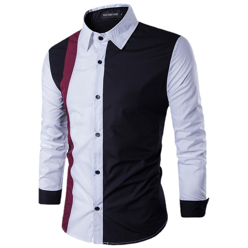 2024 New Foreign Trade Men's Fashion Stitching Shirt Spring and Autumn Long Sleeve Lapel Casual Slim Button Shirt
