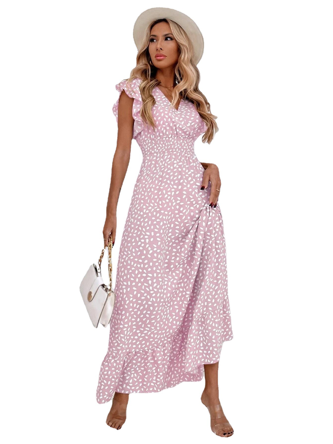 2024 European and American Women's Clothing Spring and Summer New Amazon Cross-border V-neck Waist Long Dress Ruffled Elegant Dress for Women