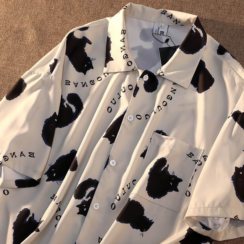Internet Celebrity Cat Full Print Graffiti Shirt Men's Short-Sleeved Summer Loose Design Sense American Street Shirt ins Trendy Brand