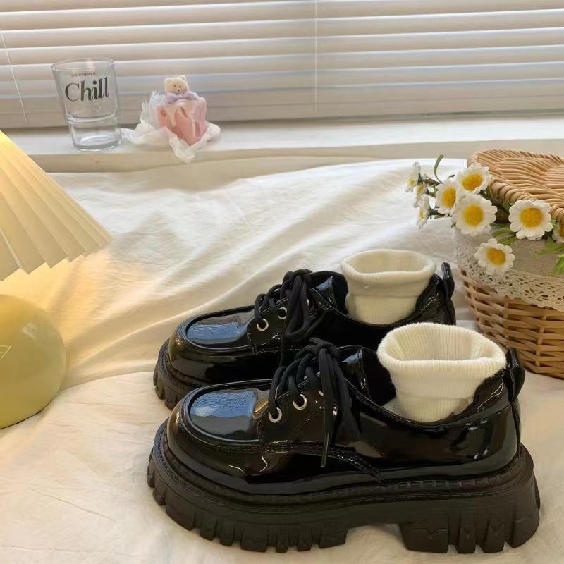 British style leather shoes for women new spring and autumn thick bottom versatile jk single-layer shoes with skirt loafers retro black lace-up