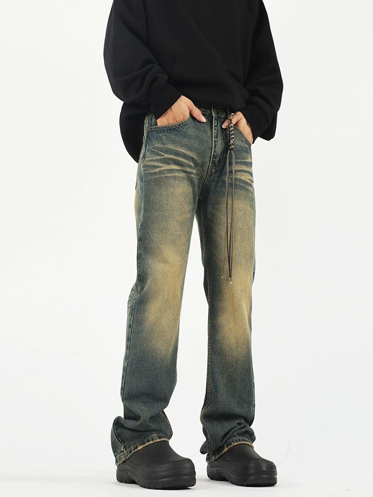 American-style high-street vibe distressed yellow mud-dyed washed jeans men's trendy ins straight micro-cleanfit pants