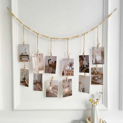 Hanging photo display with wood color wooden beads string photo storage tassel string hemp rope beads clip home decoration