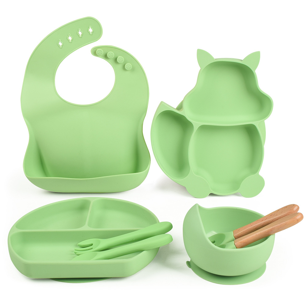 Direct selling baby Bowl Spoon silicone tableware children's wooden handle silicone spoon children's suction dish bowl baby silicone bowl