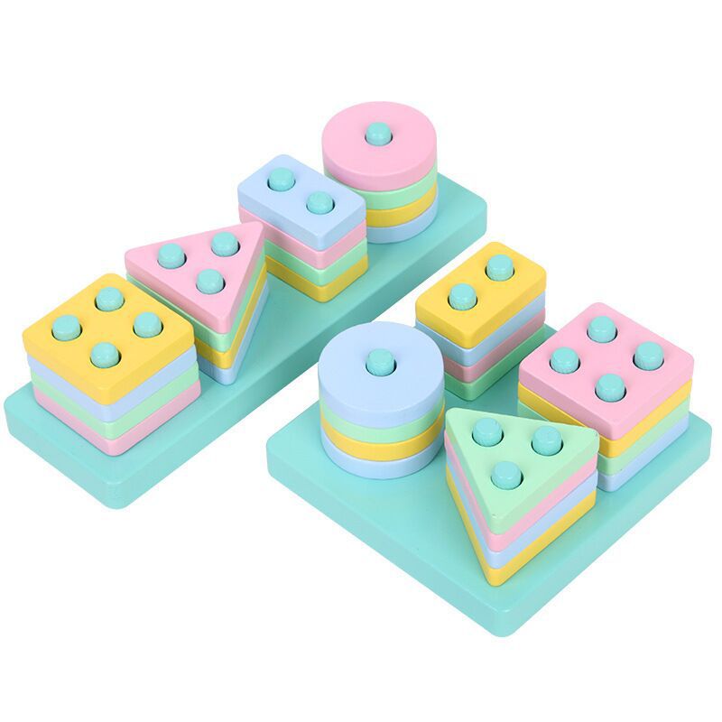Children's geometric shape matching intelligence development four sets of column building blocks Montessori teaching aids 1-3 years old wooden educational toys