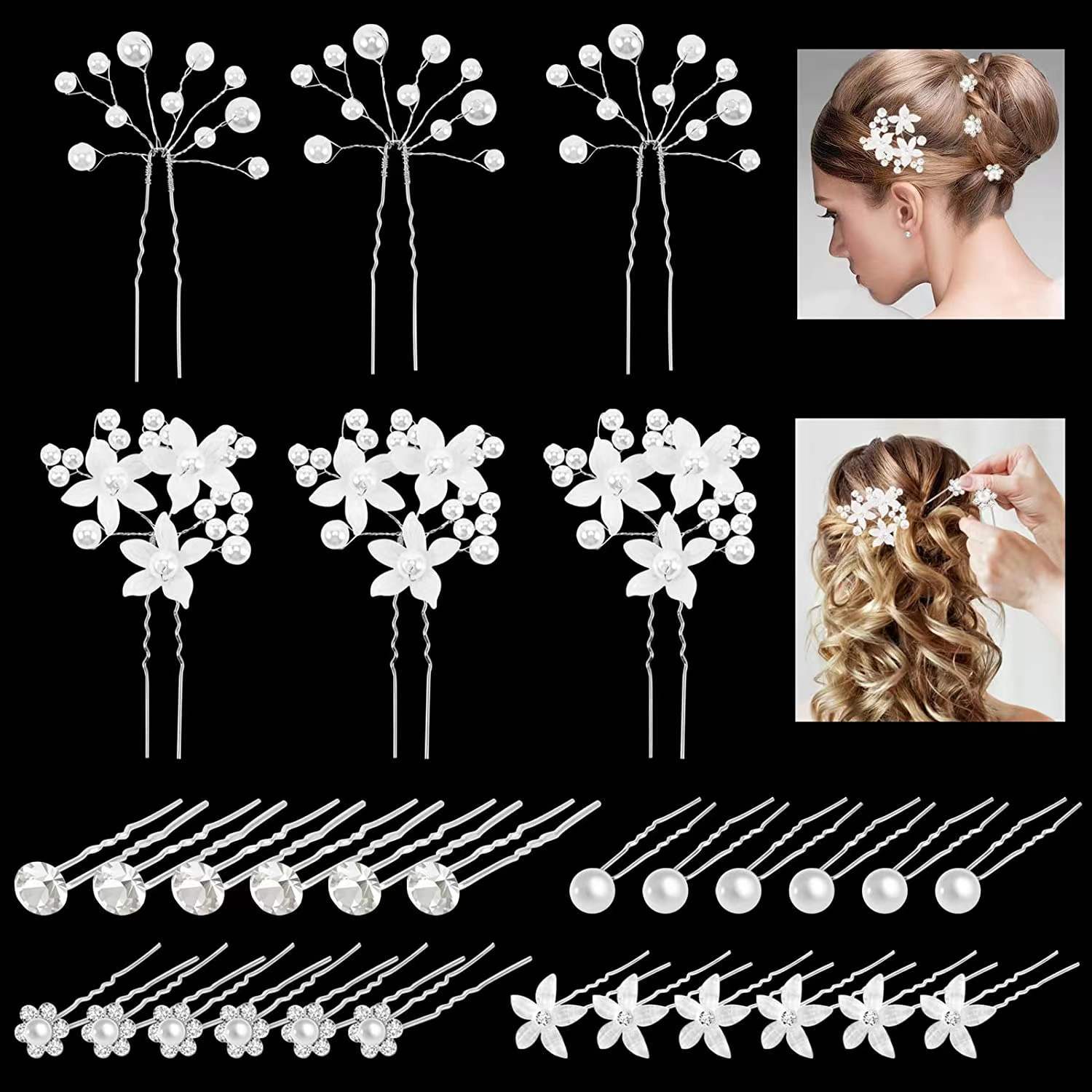 Pearl U-shaped Hair Clip String Beaded Flower Hair Fork Hair Accessories Rhinestone Bridal Hairstyle Disc Hair Fork U-shaped Hair Clip Women