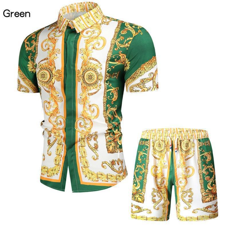2023 cross-border foreign trade new European and American men's short sleeve Palace retro digital 3D printing shirt shorts suit men