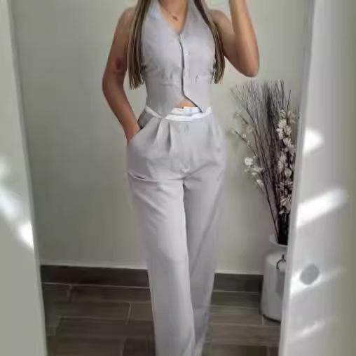 Summer 2024 Amazon Europe and the United States step into women's clothing color waist splicing commuter leisure suit