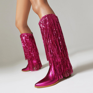 40-48 foreign trade cross-border plus size autumn and winter women's boots sequined tassel pointed thick high heel knee-high boots H310