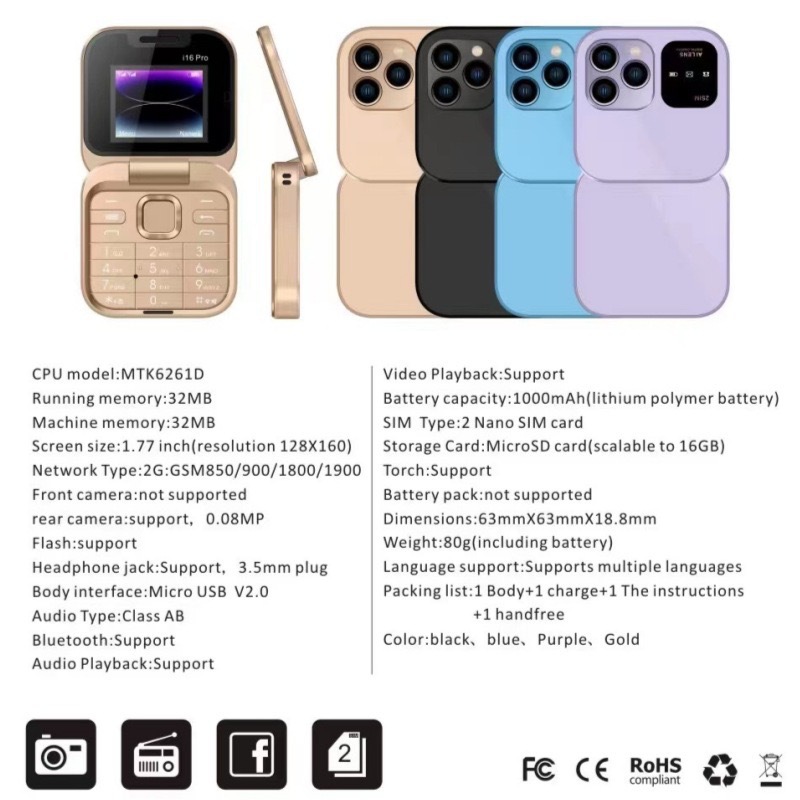 Cross-border export i16Pro foreign language version mini flip small mobile phone 1.77 screen GSM network camera button