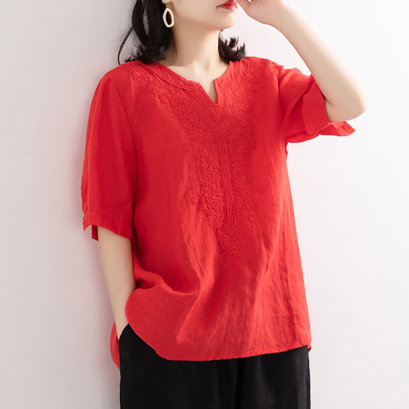 2023 Summer New Style Cotton and Linen Embroidered Shirt Women's Artistic Loose Pullover Short Embroidered Cuff Button V-neck Large Size T-shirt