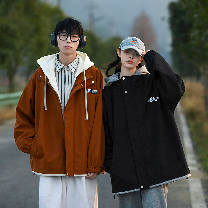 Spring and Autumn Jacket Coat Men's and Women's Trendy Brand Casual Loose Hooded Top American Style Retro Fake Two-piece All-match Charge Clothes
