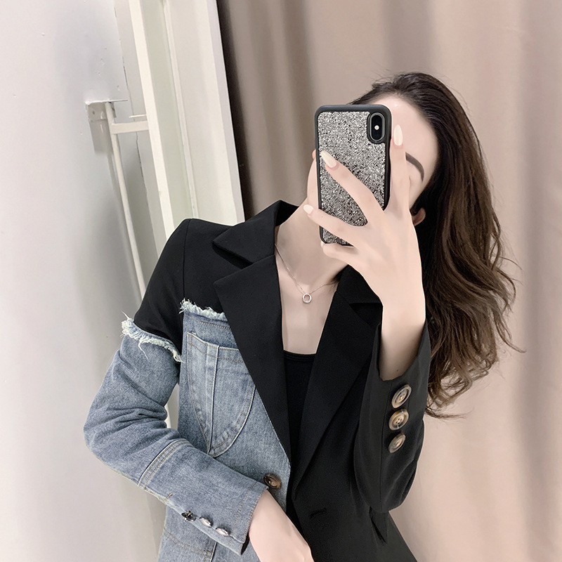 Fried street loose Denim stitching suit jacket for women Spring and Autumn new design asymmetric temperament contrast color top fashion