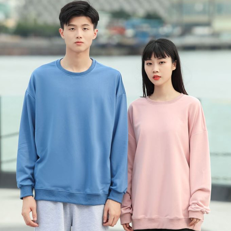 260g foreign trade fashion brand round neck sweater CVC cotton loose long sleeve T-shirt men's and women's bottoming shirt custom pattern