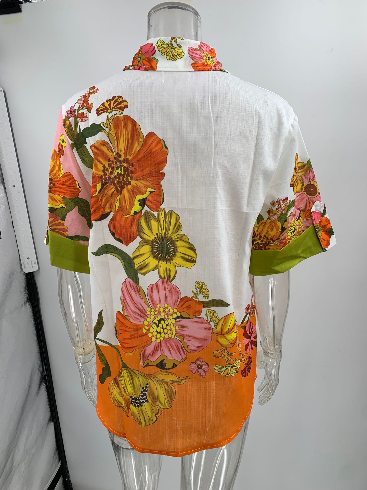 Cross-border independent station 2023 new European and American printed cotton and linen two-piece set suit top + wide leg pants_voghion.com