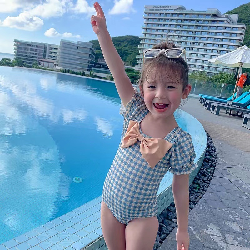 2023 new children's one-piece swimsuit girls' bow Plaid swimsuit cross beauty back elastic puff sleeve swimsuit