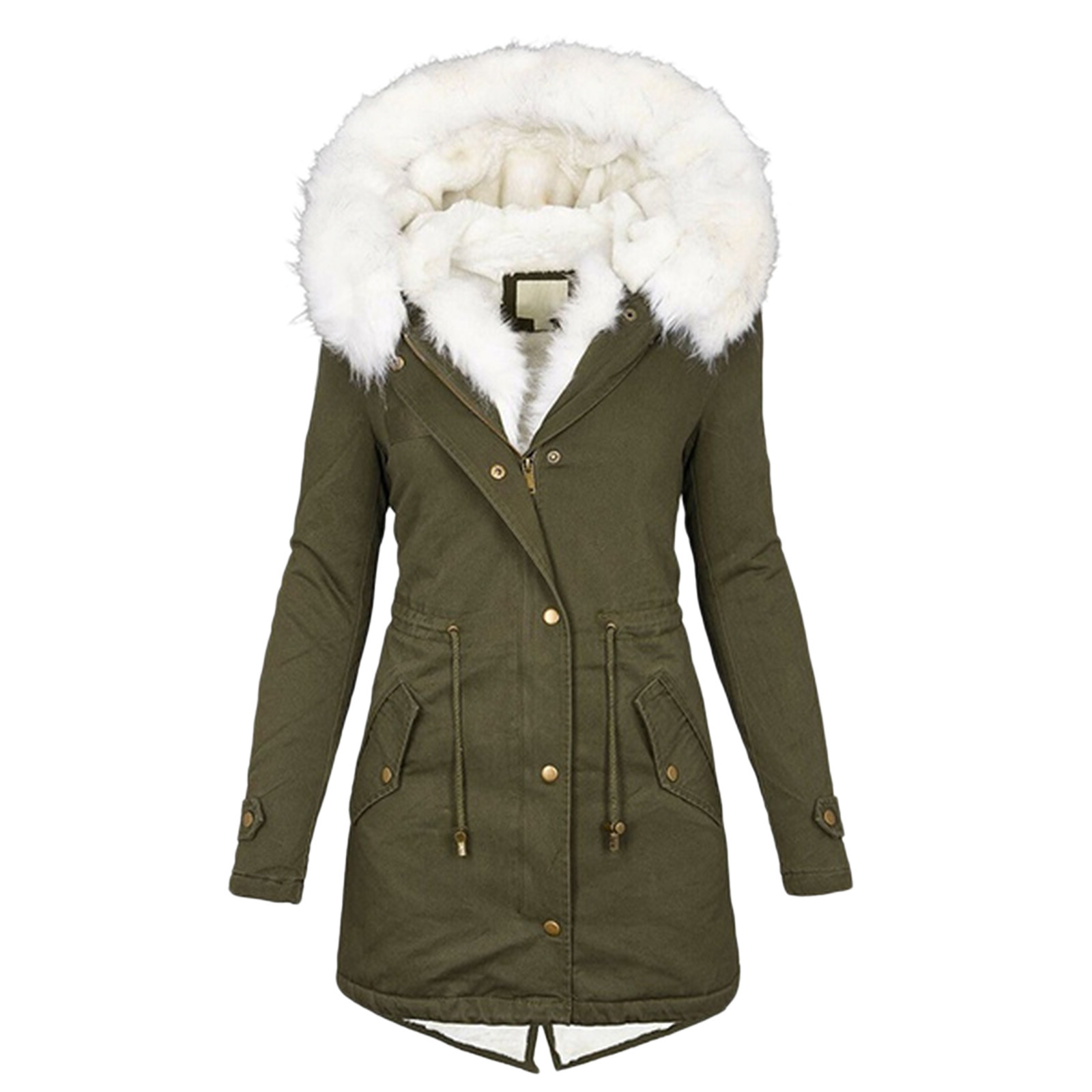 2024wish  Women's Autumn and Winter Long Coat White Wool Collar Hooded Warm fleece-lined Women's Coat