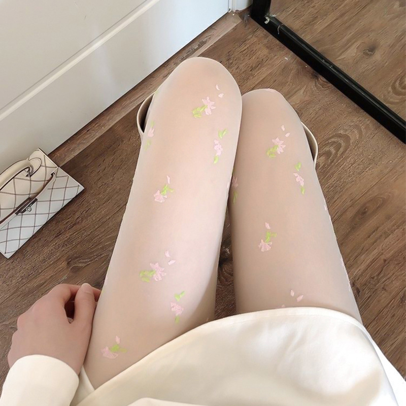 Small Fresh Pink Floral Pantyhose Japanese Style Sweet Girl Soft Girl Pure Milk White Bottoming Socks lolita Stockings