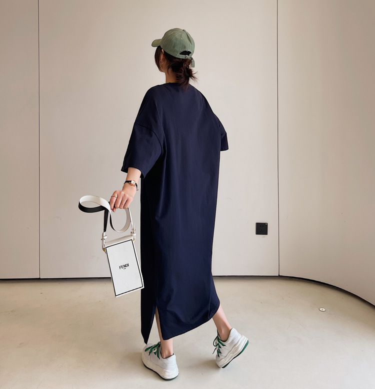 Fat mm large size summer simple knee-length lazy dress split 2023 new long Korean dress 200kg