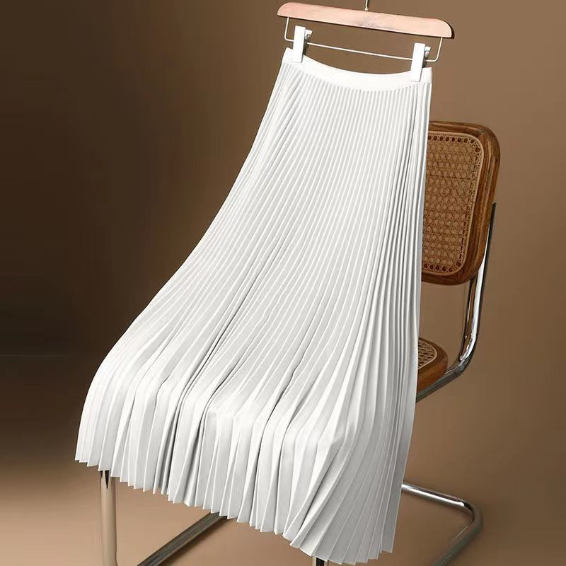 Cross-border Satin High-grade Solid Color Pleated Skirt 2023 Summer Thin Mid-length Knee-high Waist A- line Skirt Skirt