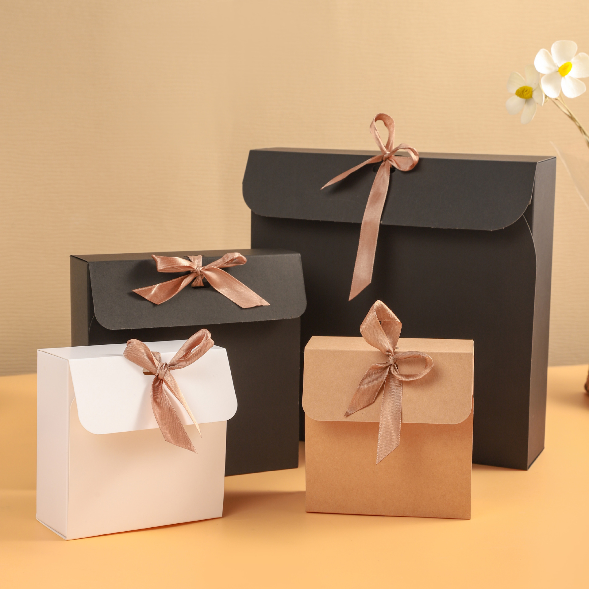 Flat Square Flap Bow Folding Gift Box Wedding Banquet Accompanying Gift Candy Gift Box White Card Black Card Cowhide