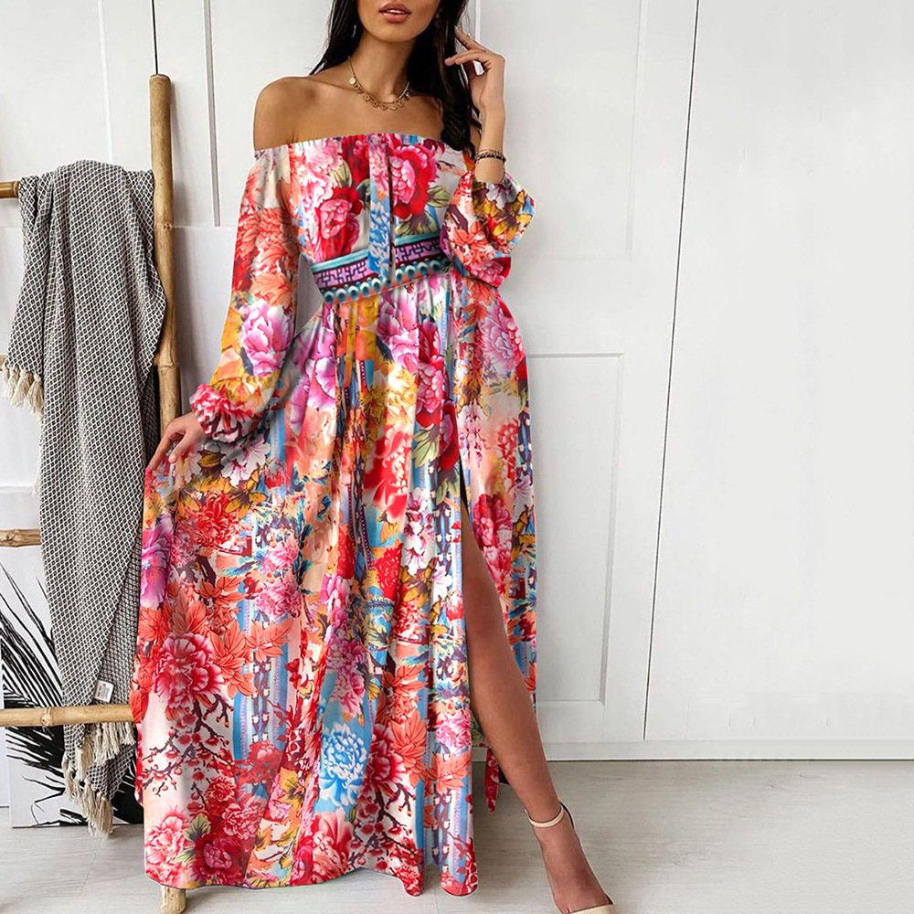 2025 Cross-border Summer Evening Gown European and American Print Dress One-shoulder Hooded Retro Long Sleeve Large Swing Opening Split Long Dress
