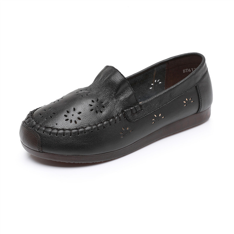 Vintage Handmade Soft Cowhide Comfortable Soft Bottom Mother Shoes Single-Layer Shoes Hollow Women's Shoes Large Size Wide Running Women's Shoes 6128