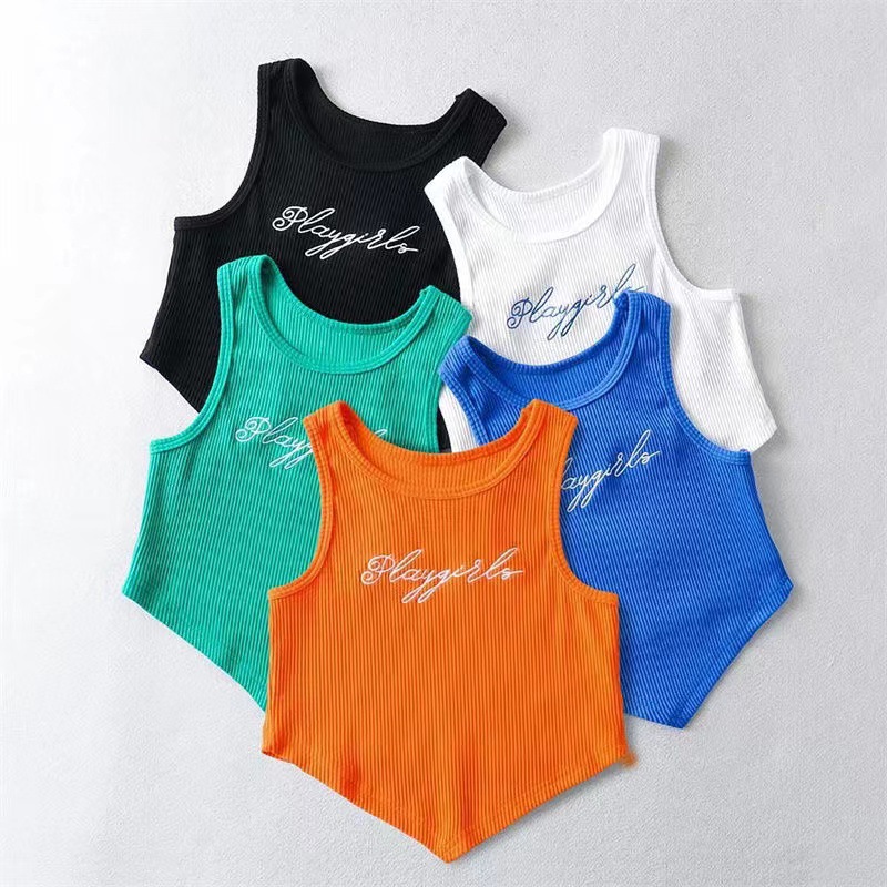 2023 Spring and Summer New Korean Style Gentle Style Round Neck Letter Embroidered Irregular Knitted Top Camisole for Women