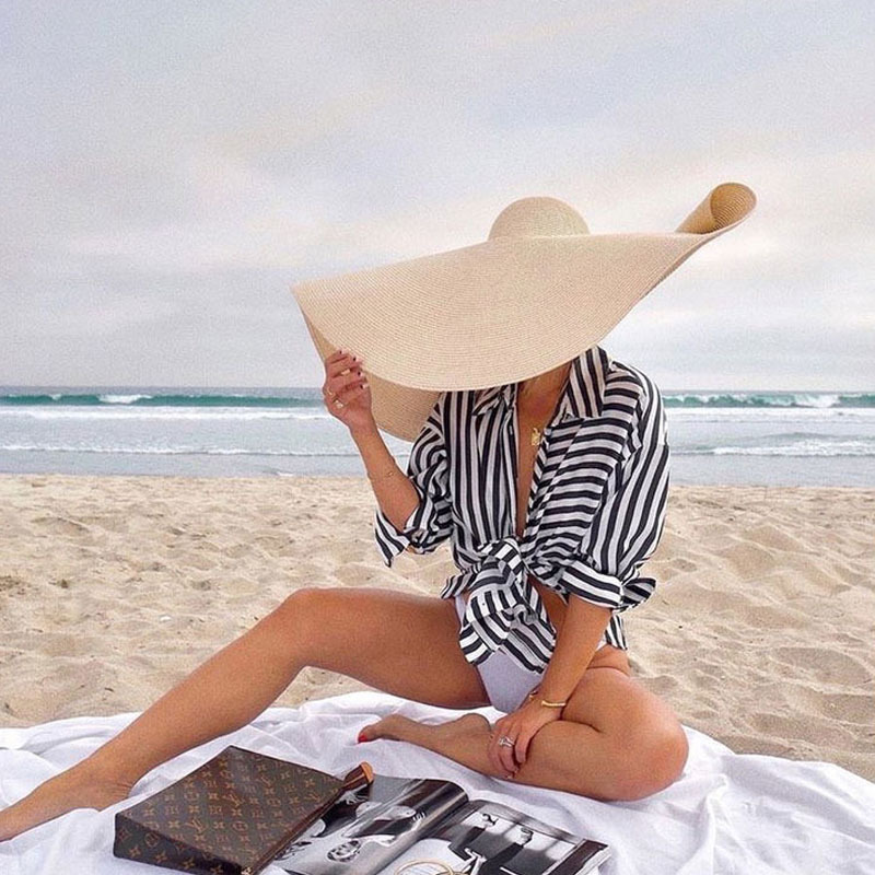 2024 spring and summer new female European and American cross-border big brim straw hat beach sunshade sunscreen foldable hat wholesale