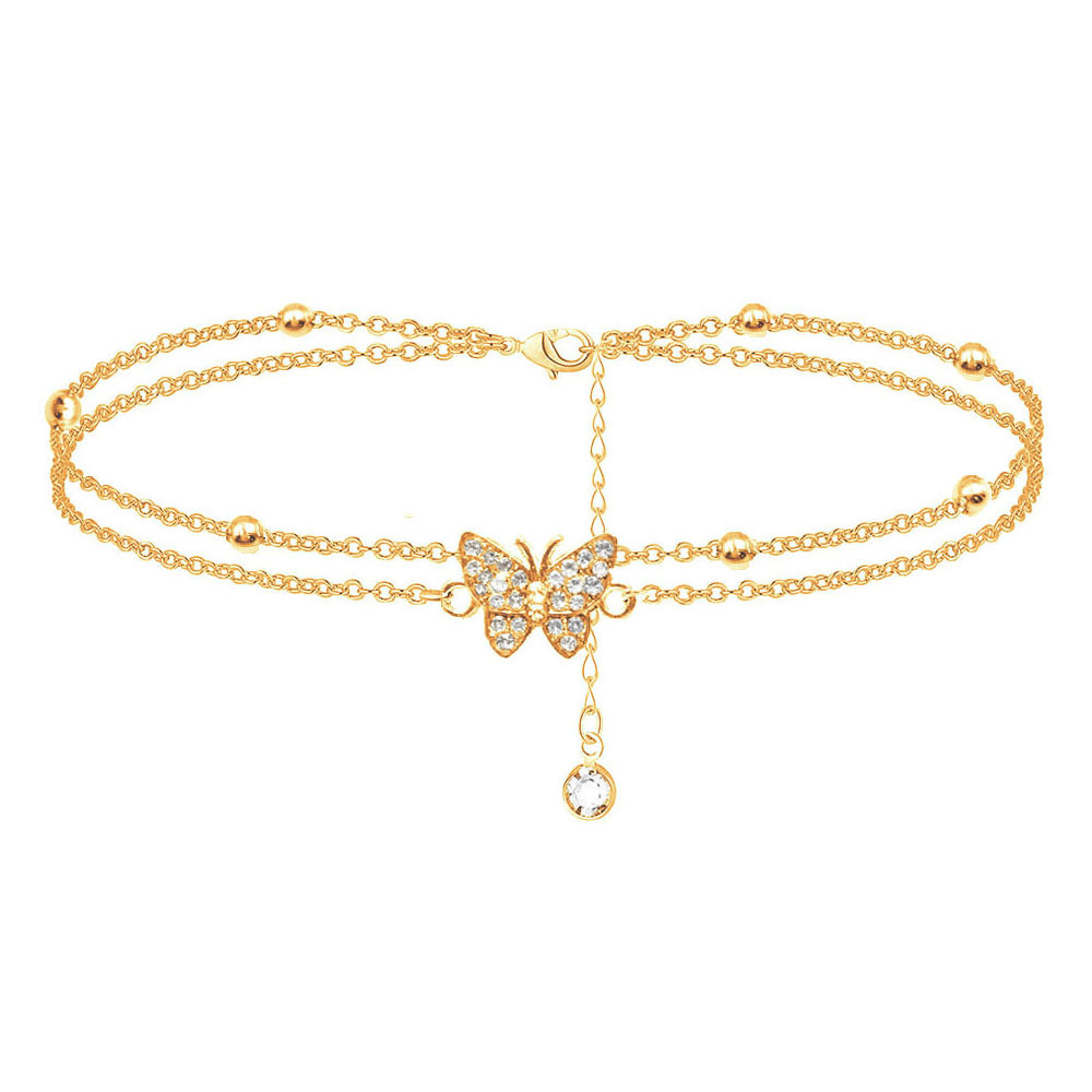 Europe and the United States cross-border Joker ankle flash diamond butterfly double anklet zircon tail pendant silver double anklet manufacturers wholesale
