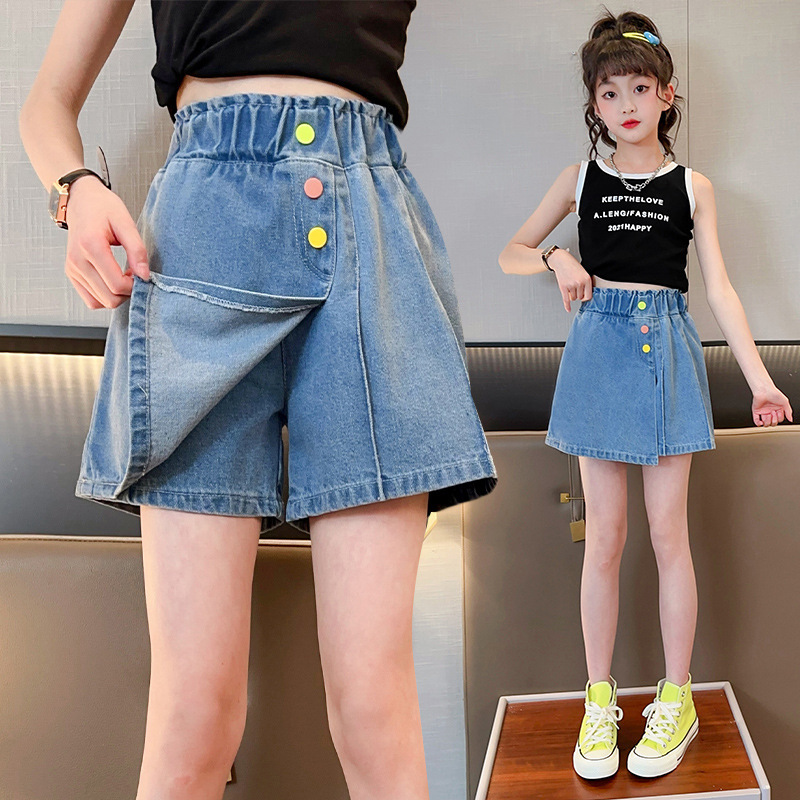  summer girls new color button denim culottes medium and large children Korean version high waist slim shorts physical wholesale