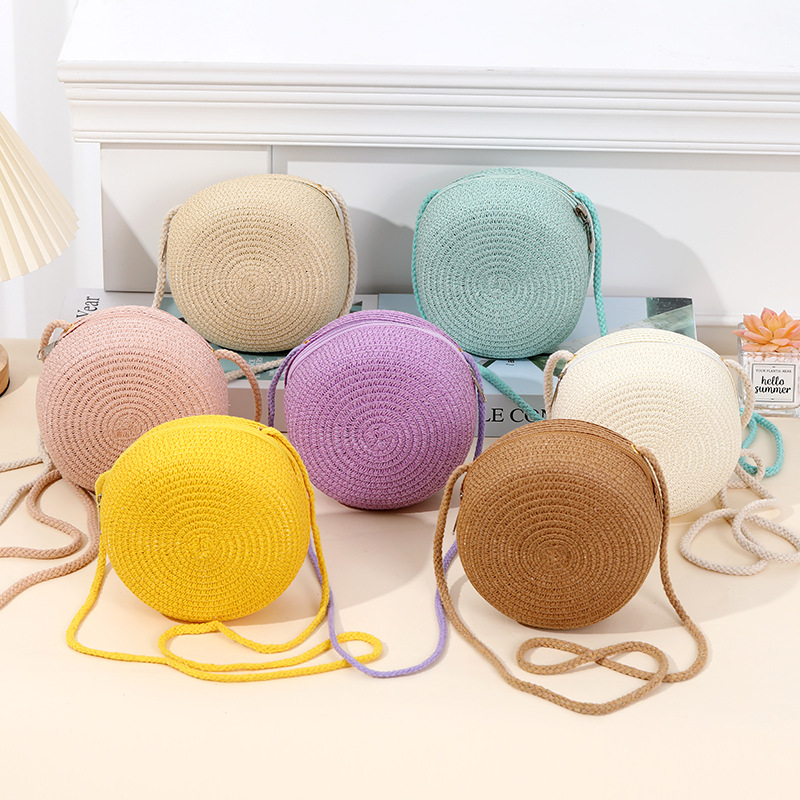 Round cake woven straw bag children's baby Travel Messenger Bag Girl's new western style small bag cute all-match summer