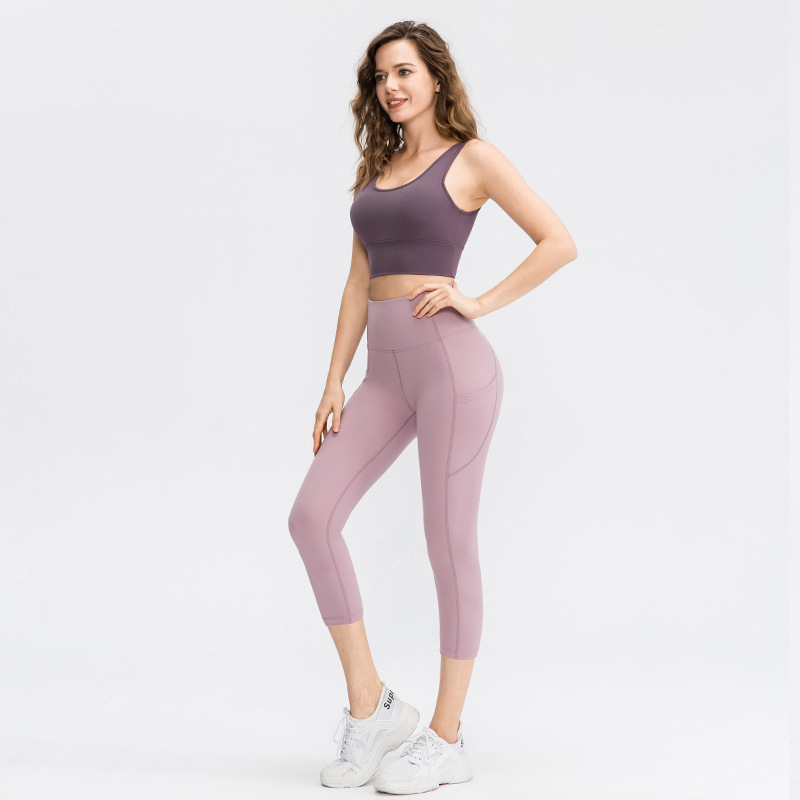 Naked Double-sided Skin-friendly Yoga Cropped Pants Pocket Women's Stretch Tight Hip Fitness Running Pants 02338
