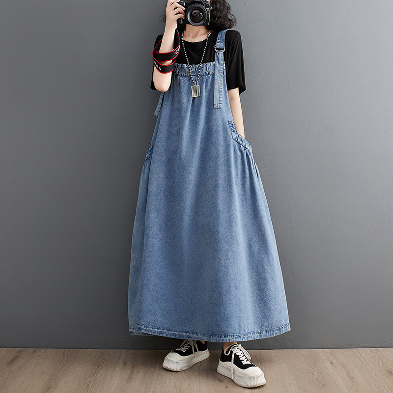 Large Size Women's 2023 Spring and Summer New Arrival Sling Long Skirt Loose Slimming Denim Suspender Skirt Large Swing Dress
