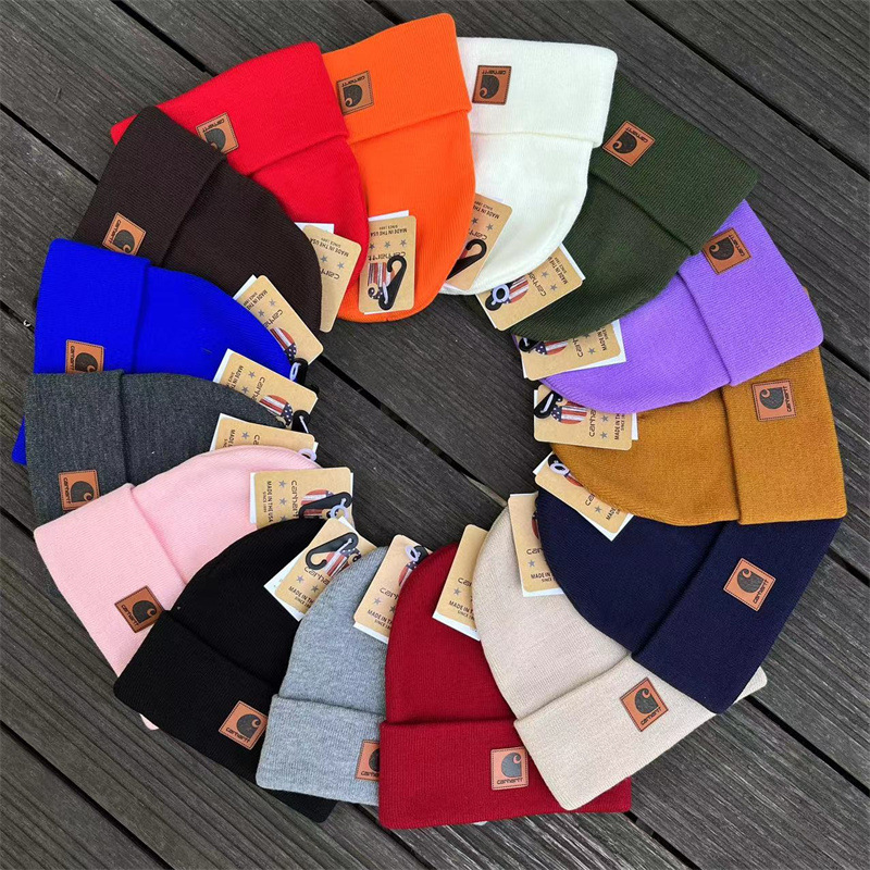 Cross-border 80g thick acrylic leather label knitted hat tooling wool hat fashion brand cold hat curling warm ski hat