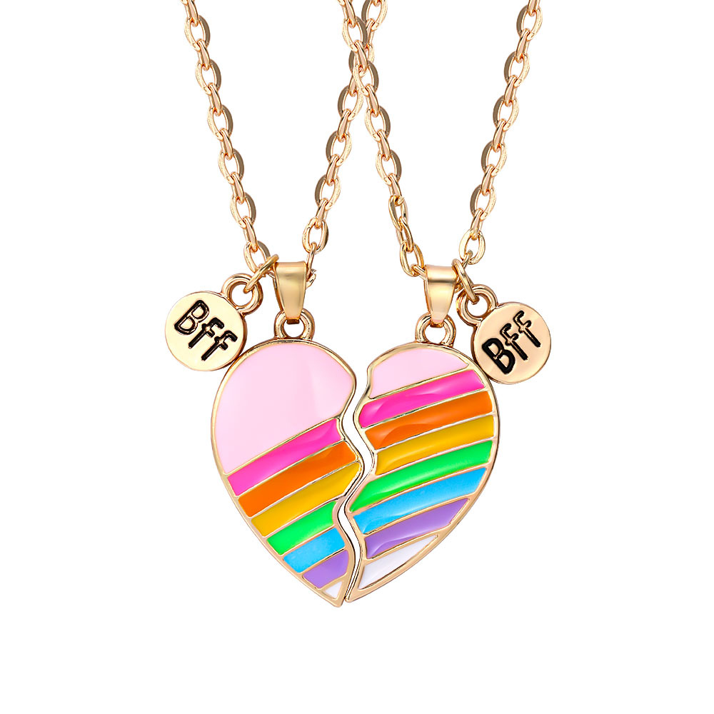 European and American alloy oil dripping explosions BFF good friend stitching unicorn necklace love French fries rainbow pendant necklace
