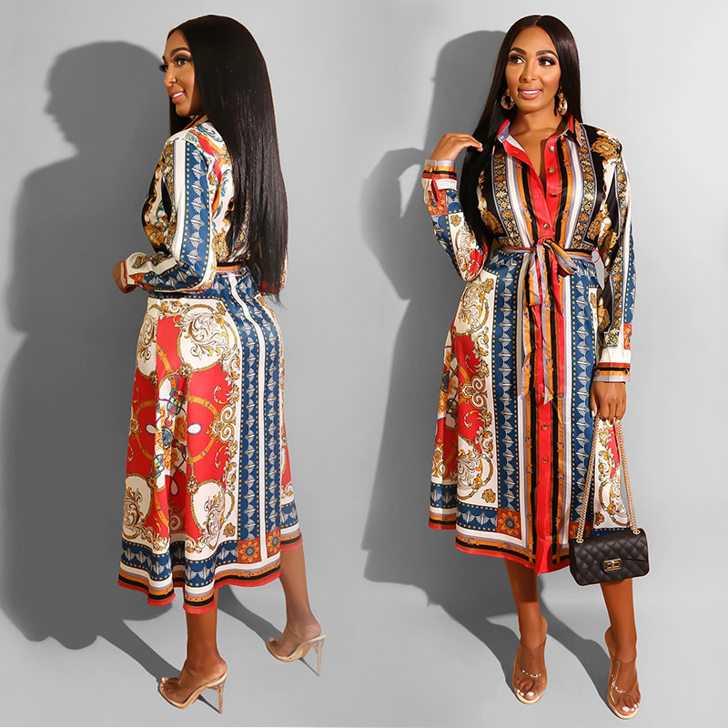 887 foreign trade Amazon retro ethnic women's clothing European and American printed long sleeve shirt African dress autumn